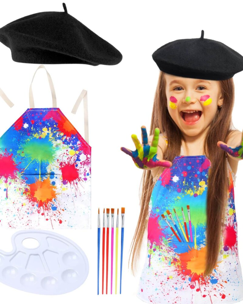 Kids Artist Costume Accessories Set – Black Beret Hat, Colorful Apron, Mini Easel, Painting Board, Palette & Brushes