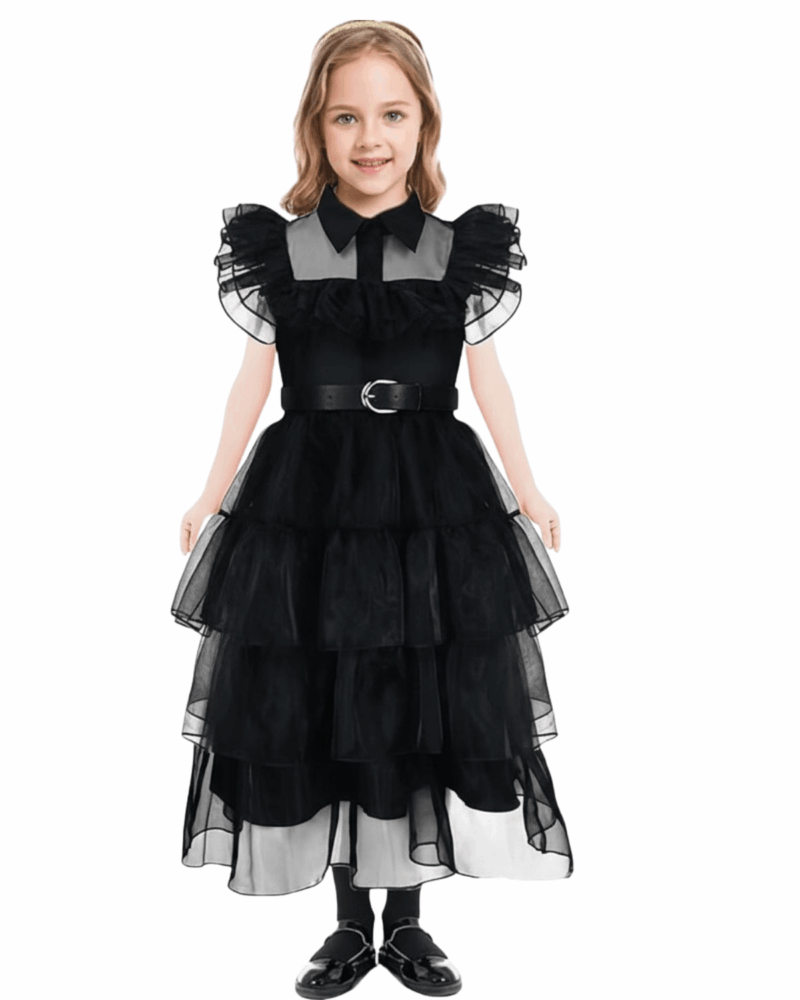 Wednesday Addams Dress, Girls Wednesday Costumes Kids Halloween Cosplay Tutu Dress with Belt