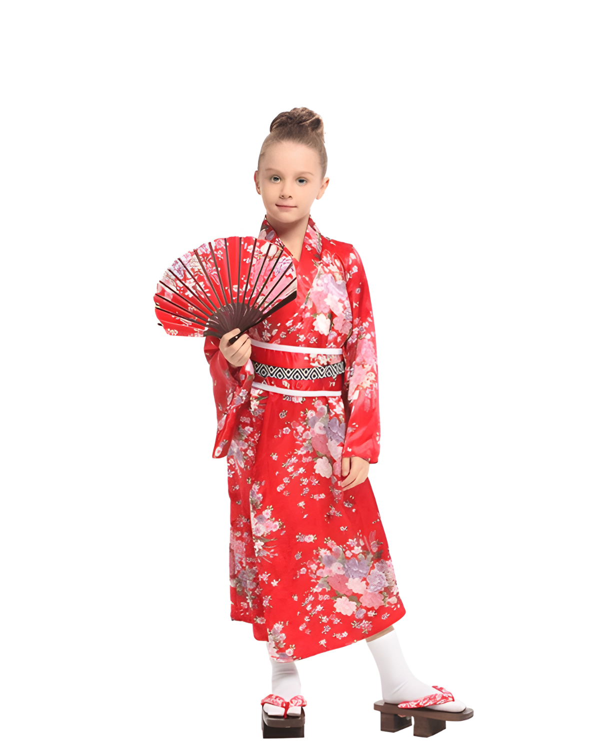 Elegant Floral Kimono Costume for Girls | Red Traditional Style Dress with Fan elegant floral kimono costume for girls
