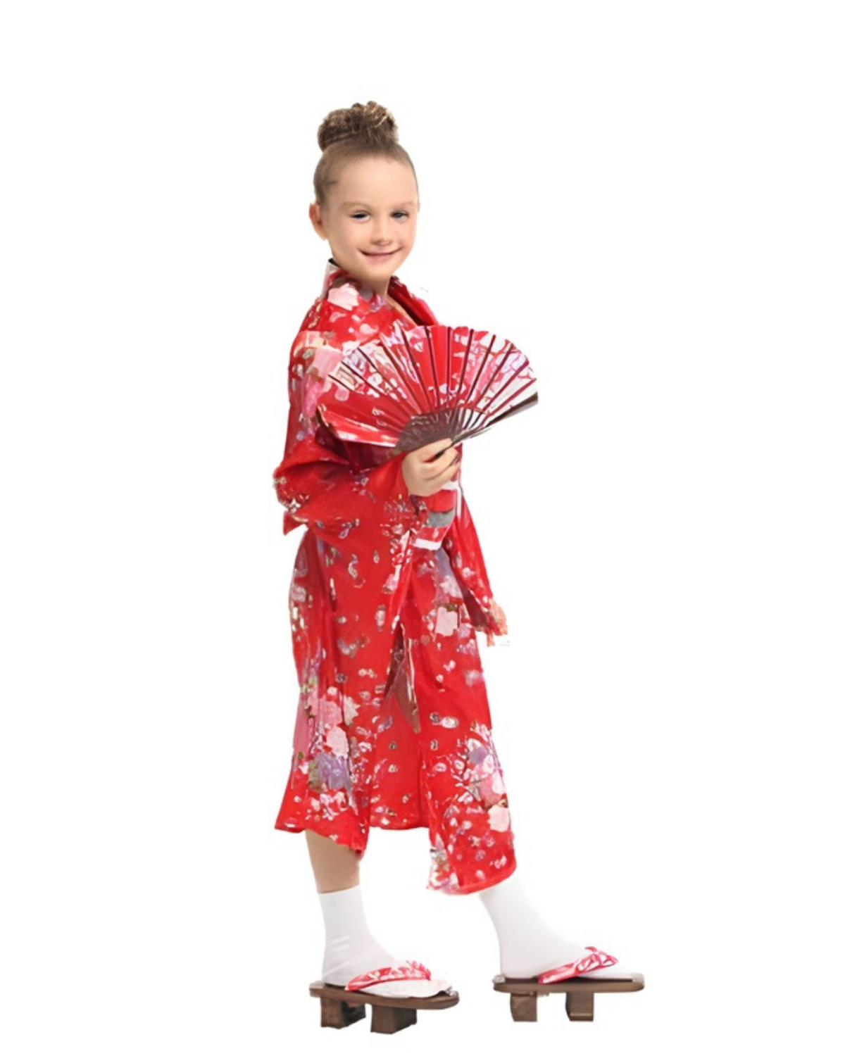 Elegant Floral Kimono Costume for Girls | Red Traditional Style Dress with Fan Elegant Floral Kimono Costume for Girls | Red Traditional Style Dress with Fan - Image 3