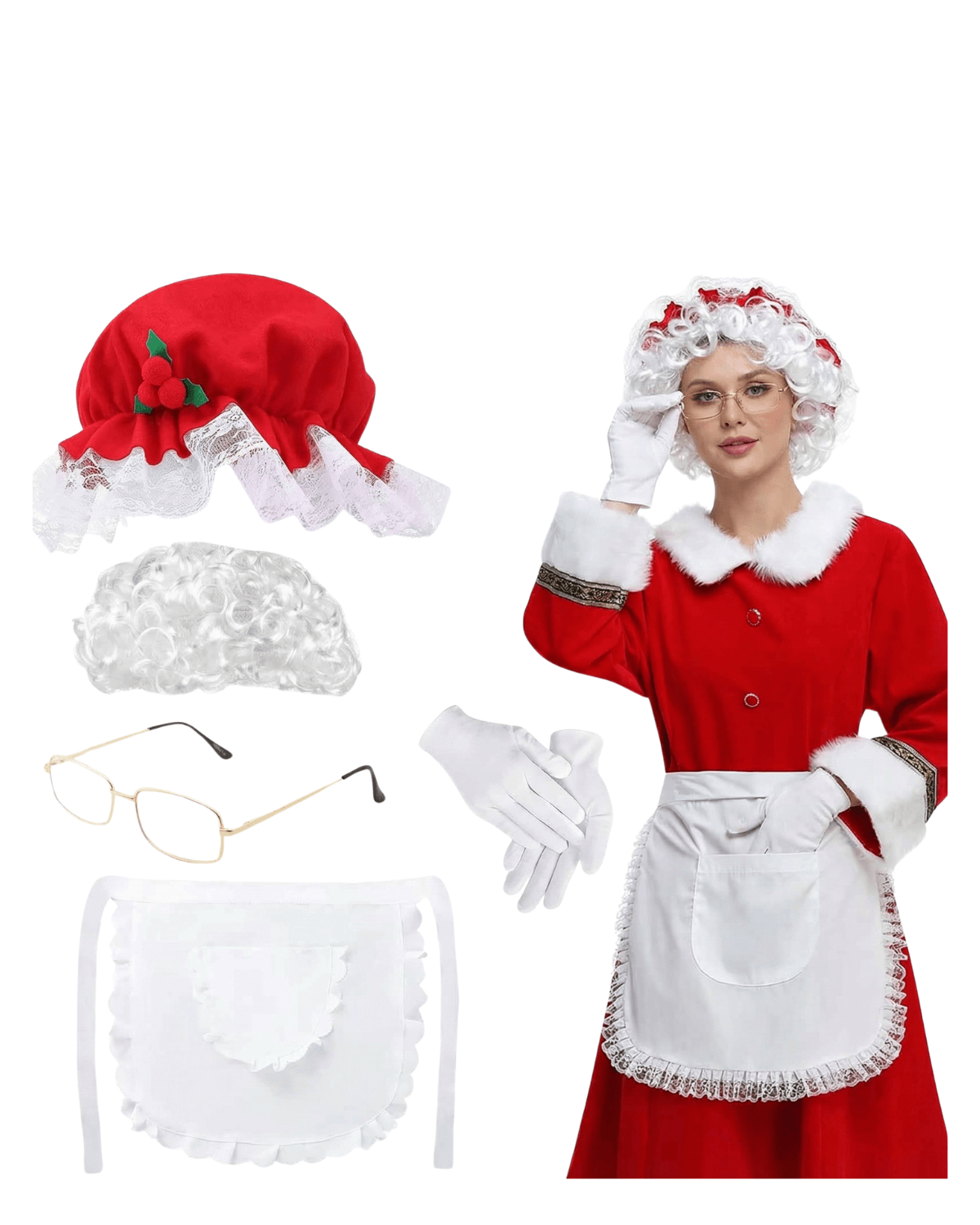 5 Pcs Mrs. Santa Claus Costume ,Mrs. Claus Short Curly Wig, Christmas 5 pcs mrs santa claus costume