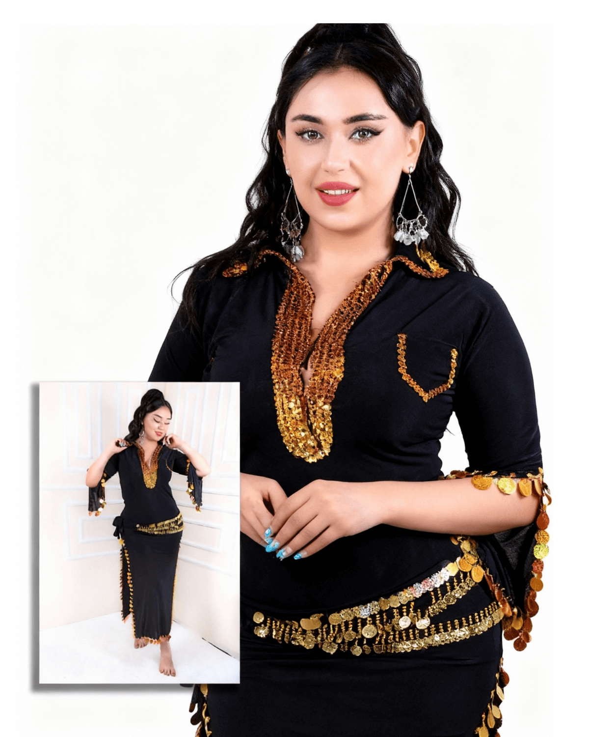 Belly Dance Costume for Women – Premium Coin Trim Arabic Dance Dress | Adult Performance & Party Wear (New Collection) Elegant black dress with gold accents
