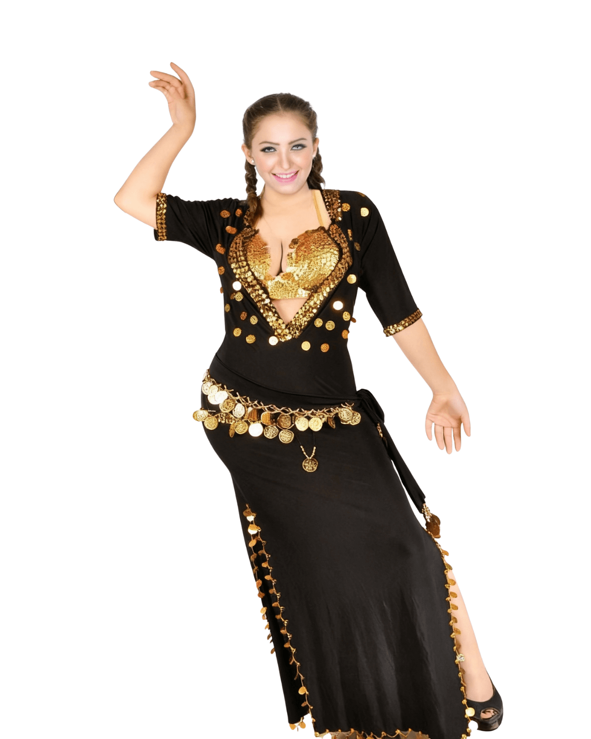 Belly Dance Costume for Women – Black & Gold Coin Trim Arabic Dance Dress | Adult Performance Outfit belly dance costume for women black