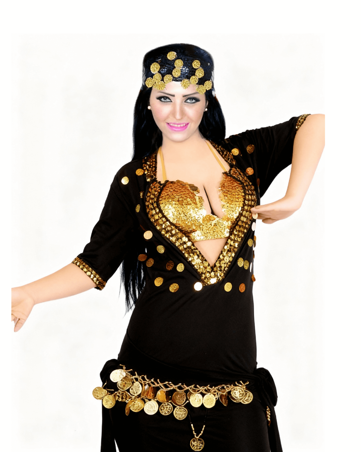 Belly Dance Costume for Women – Black & Gold Coin Trim Arabic Dance Dress | Adult Performance Outfit Belly Dance Costume for Women – Black & Gold Coin Trim Arabic Dance Dress | Adult Performance Outfit - Image 2