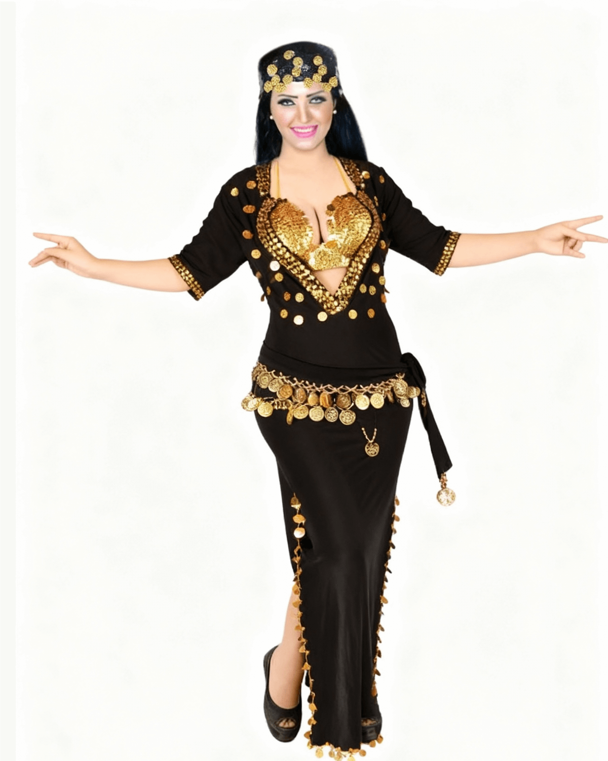 Belly Dance Costume for Women – Black & Gold Coin Trim Arabic Dance Dress | Adult Performance Outfit Belly Dance Costume for Women – Black & Gold Coin Trim Arabic Dance Dress | Adult Performance Outfit - Image 3