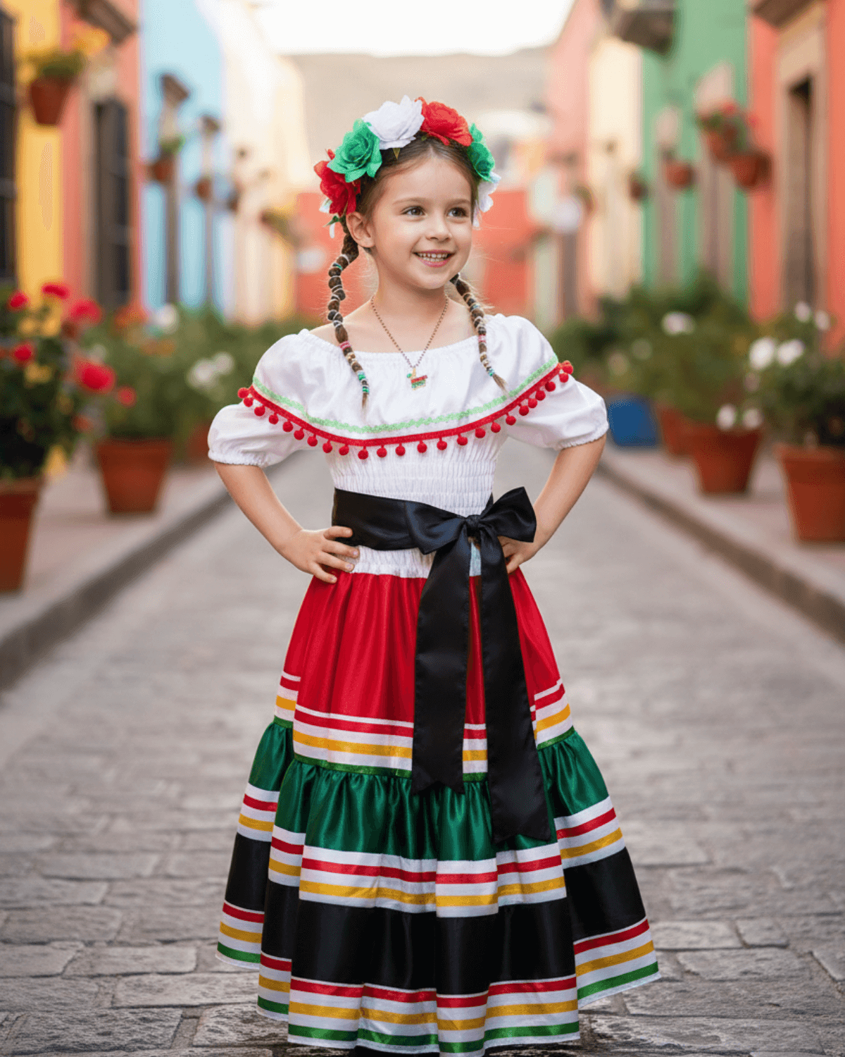 Girl's Mexican Traditional Senorita Dance Dress, Headpiece, and Waistband , 3 PCS Girl's Mexican Traditional Senorita Dance Dress, Headpiece, and Waistband , 3 PCS - Image 2