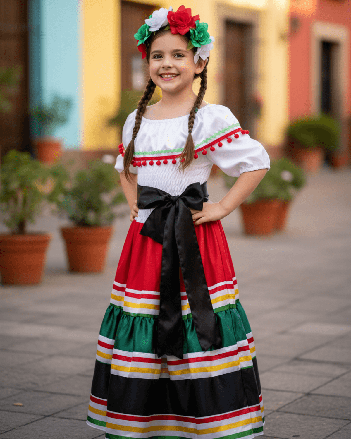 Girl's Mexican Traditional Senorita Dance Dress, Headpiece, and Waistband , 3 PCS Girl's Mexican Traditional Senorita Dance Dress, Headpiece, and Waistband , 3 PCS - Image 3