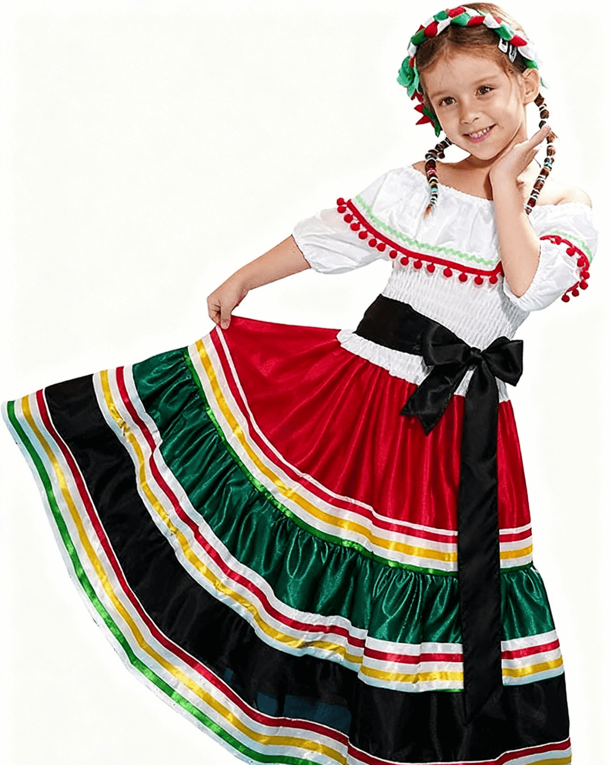 Girl's Mexican Traditional Senorita Dance Dress, Headpiece, and Waistband , 3 PCS Girl's Mexican Traditional Senorita Dance Dress, Headpiece, and Waistband , 3 PCS - Image 4