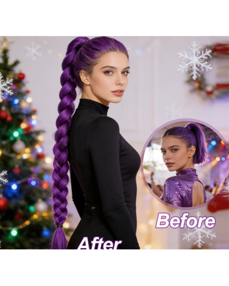 Purple Braided Hair Extension Clip | Long Synthetic Ponytail Braid - Image 3