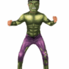 Hulk Deluxe Boys Costume with green muscle-effect jumpsuit, purple trouser print and Hulk mask on a white background