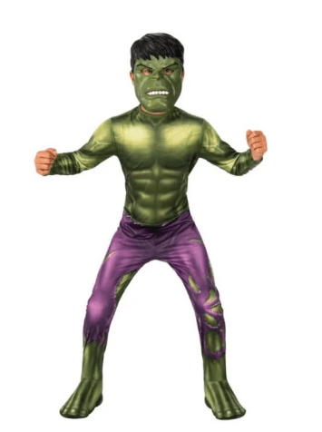 Hulk Deluxe Boys Costume with green muscle-effect jumpsuit, purple trouser print and Hulk mask on a white background