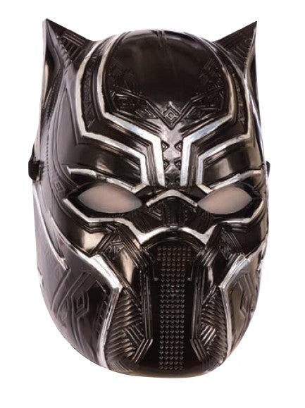 Black and silver Black Panther half-face mask with metallic detailing on a white background