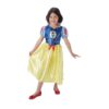 Snow White Fairytale Classic Girls Costume with blue bodice, yellow skirt and red waist bow on a white background