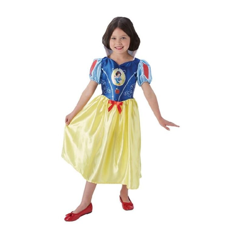 Snow White Fairytale Classic Girls Costume with blue bodice, yellow skirt and red waist bow on a white background