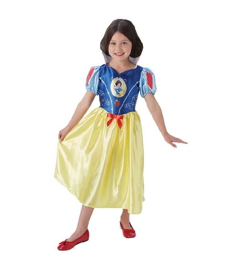 Snow White Fairytale Classic Girls Costume with blue bodice, yellow skirt and red waist bow on a white background