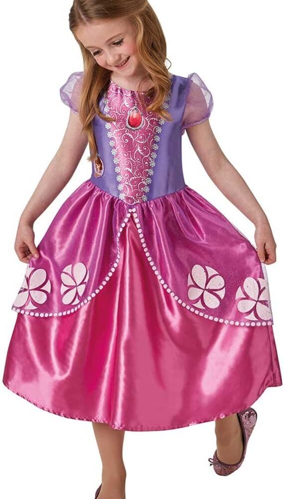 Sofia the First Classic Girls Costume with purple bodice and pink skirt with white floral prints on a white background