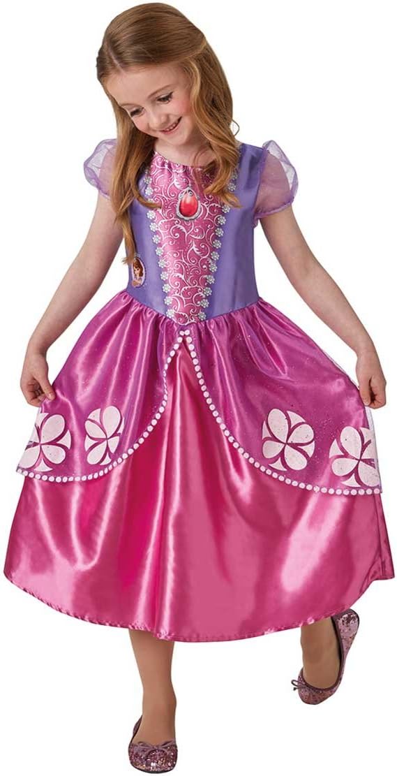 Sofia the First Classic Girls Costume with purple bodice and pink skirt with white floral prints on a white background