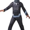 BLACK PANTHER CLASSIC COSTUME Black Panther Classic Kids Costume with black printed jumpsuit and silver-outlined Black Panther mask on a white background