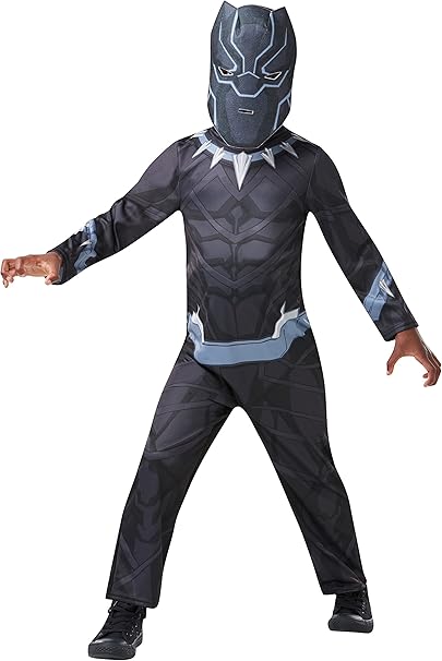 Black Panther Classic Kids Costume with black printed jumpsuit and silver-outlined Black Panther mask on a white background