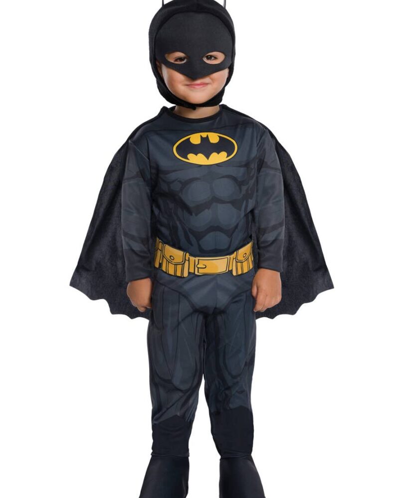 Batman Toddler Costume with grey jumpsuit, yellow belt, black cape and soft Batman mask on a white background