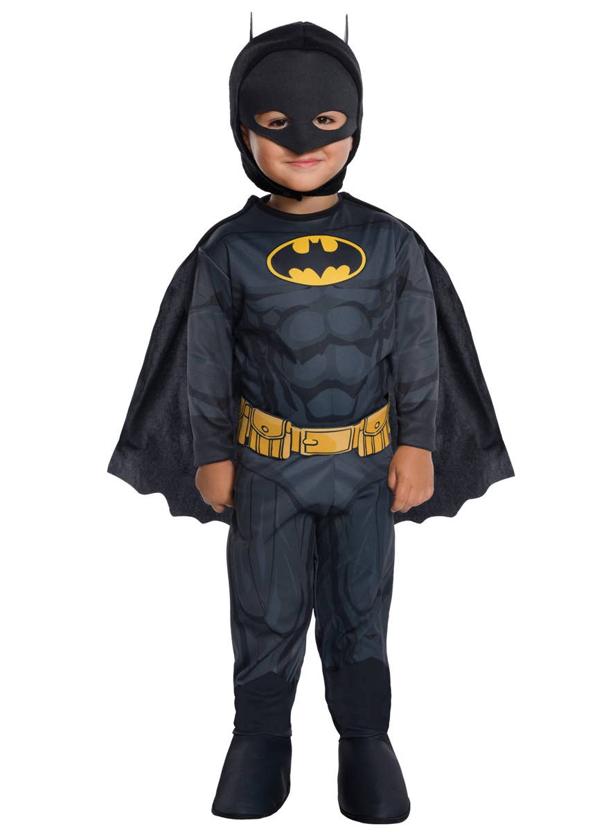 Batman Toddler Costume with grey jumpsuit, yellow belt, black cape and soft Batman mask on a white background