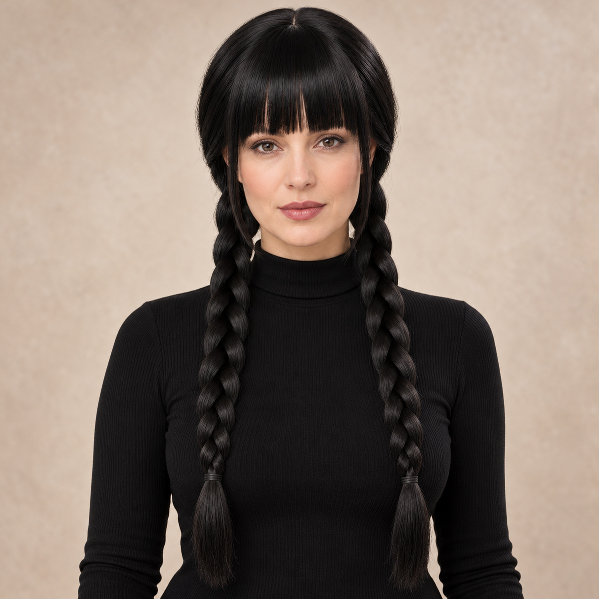 Black Double-Braid Costume Wig with Fringe Black Double-Braid Costume Wig with Fringe shown on an adult model