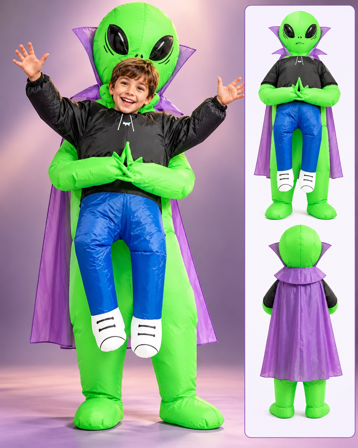 Green Carry-Me Inflatable Costume with Purple Cape green-carry-me-inflatable-costume-promotional-v2