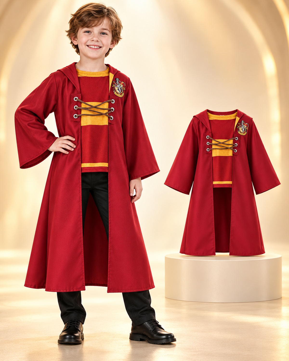 Quidditch Deluxe Hooded Child Robe Harry Potter Gryffindor Quidditch Robe promotional image showing one hooded robe with attached faux jumper for 5-6 years