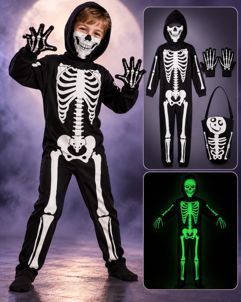 Kids Glow Skeleton Costume - Black