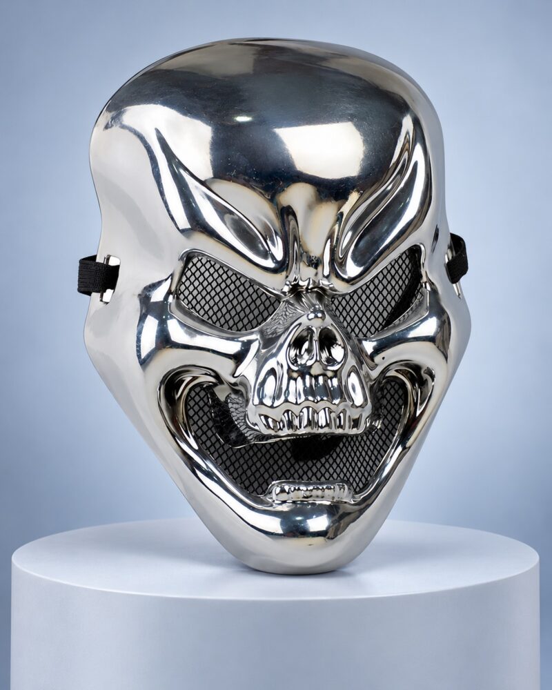 Metallic Silver Skull Mask promotional image showing one metallic silver skull mask with strap