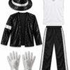 Boys Black Sequin Dance Costume Set - Size M Black and silver boys sequin dance costume with jacket, trousers, vest, hat and gloves