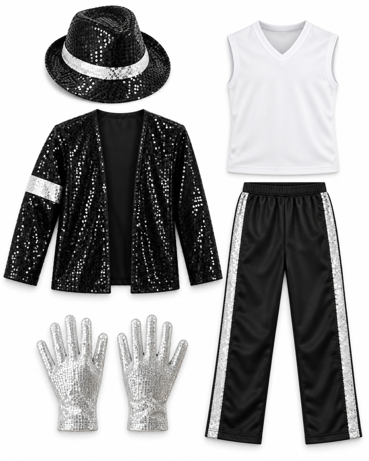 Boys Black Sequin Dance Costume Set - Size M Black and silver boys sequin dance costume with jacket, trousers, vest, hat and gloves