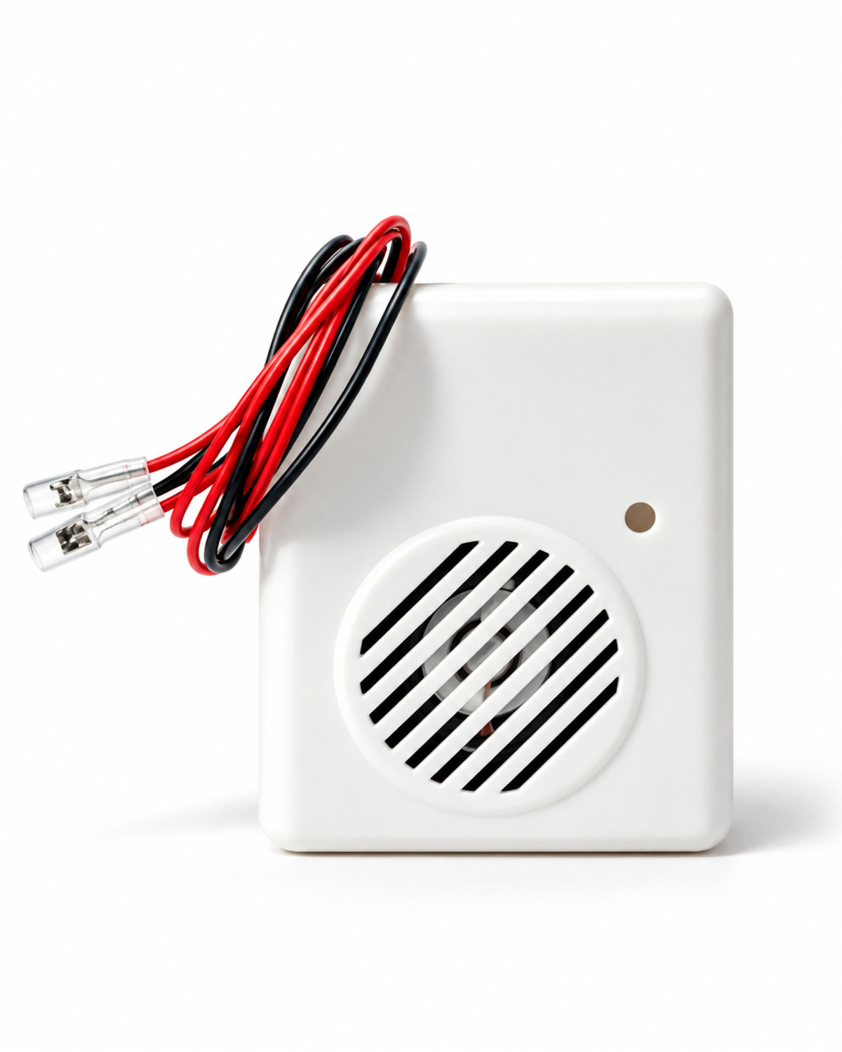 Halloween Horror Sound Effects Toy White Halloween sound-effects unit with speaker grille and attached red and black wires